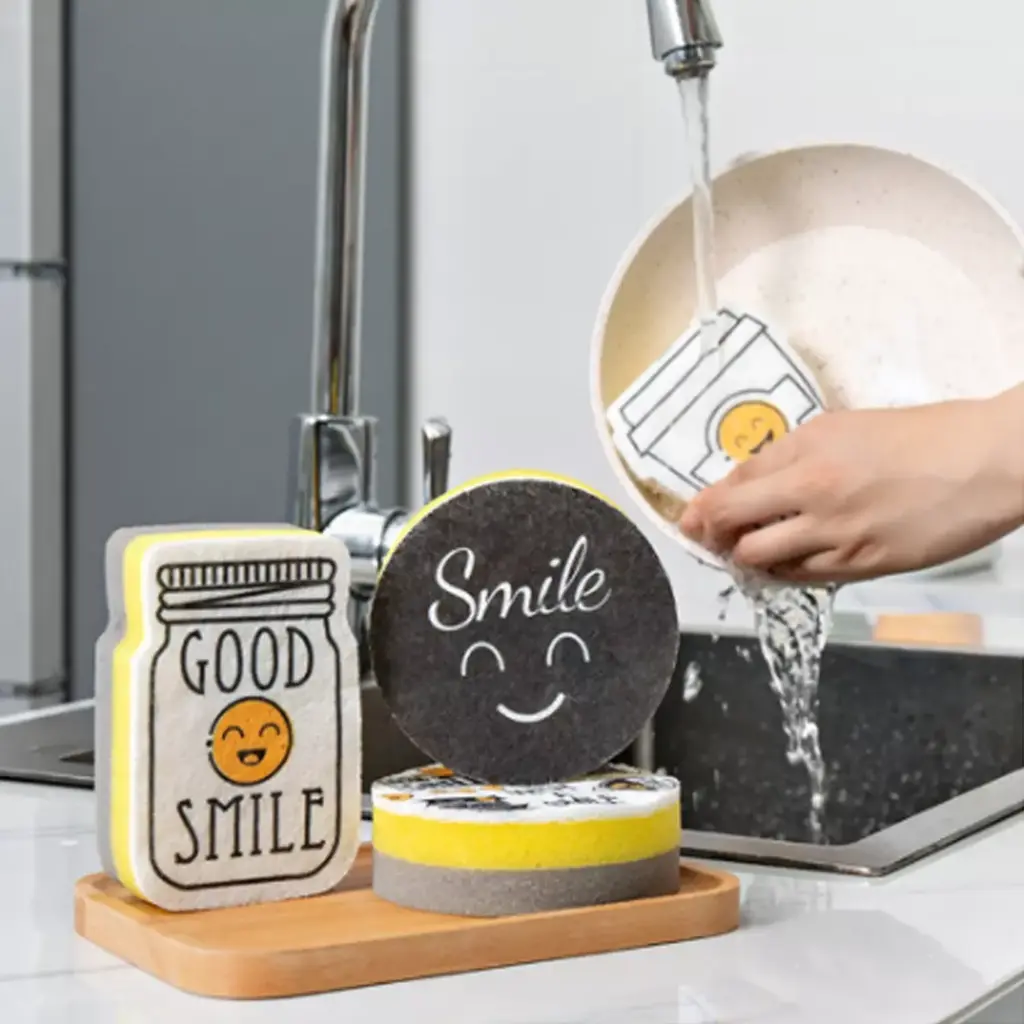 4PCS Cartoon Smiley Face Thick Sponge Kitchen Cleaner