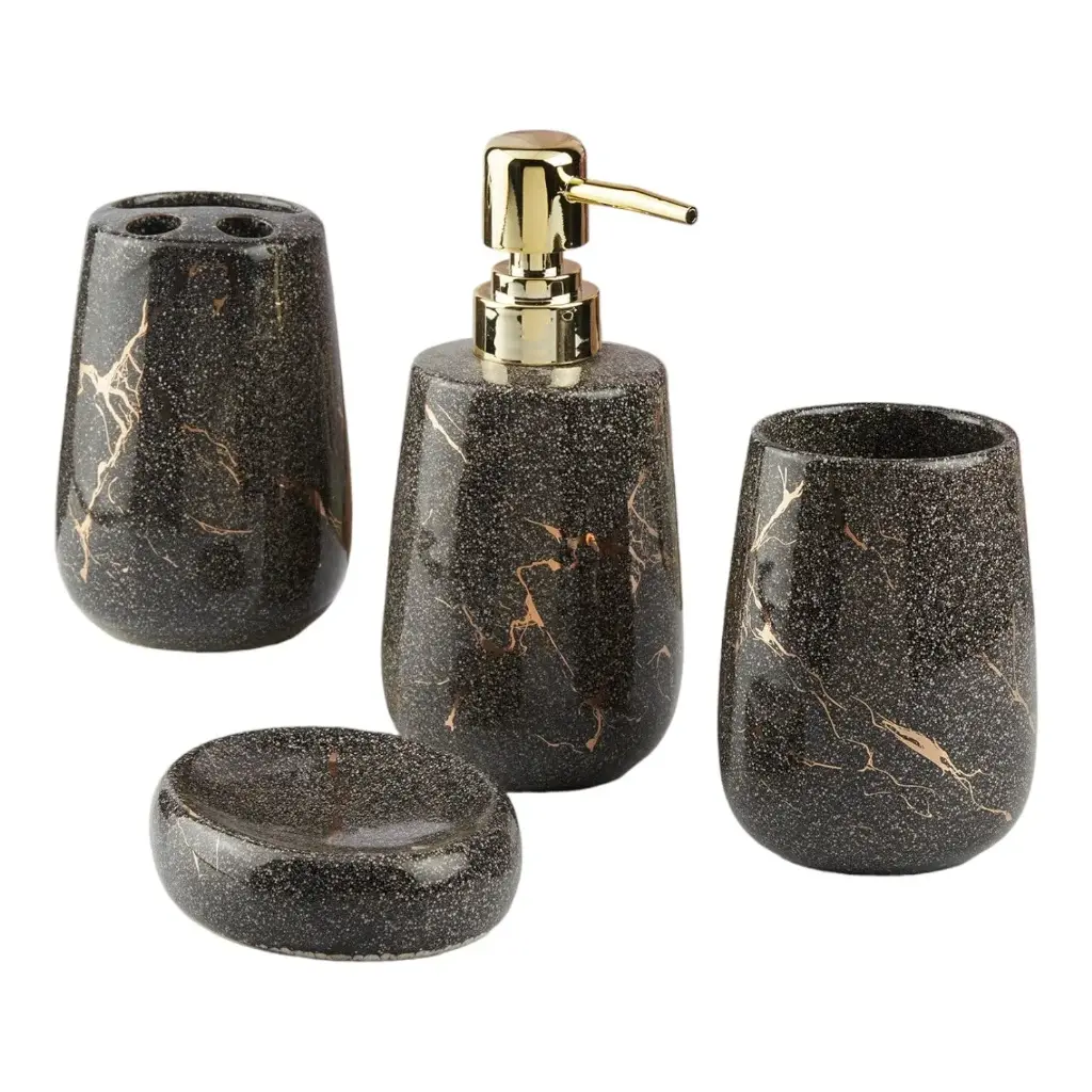 Bathroom Set Ceramic Set of 4 Black & Gold