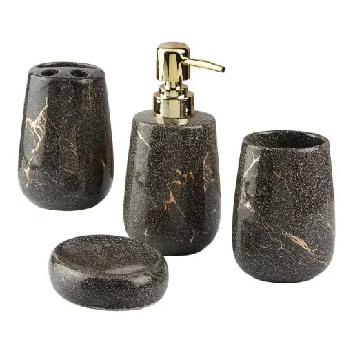 Bathroom Set Ceramic Set of 4 Black & Gold