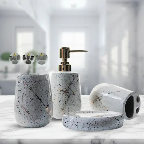 Bathroom Set Ceramic of 4 Modern White & Silver 