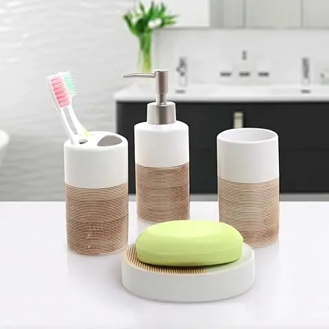 Bathroom Set Ceramic of 4 Modern White And Brown