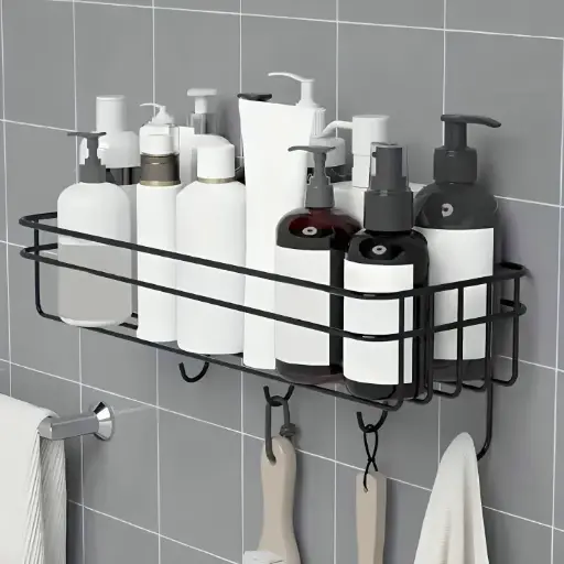 Bathroom Storage Shelf With Strong Magic Sticker - Black 