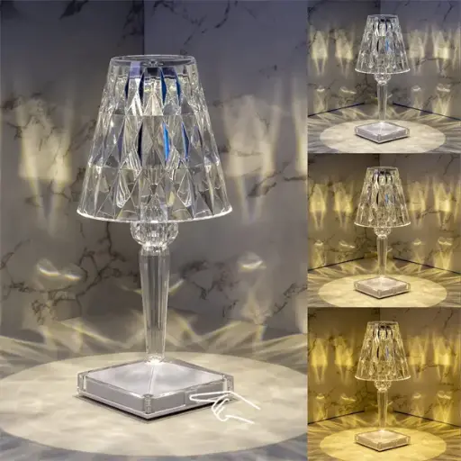 Crystal Table Lamp, 3-Way Dimmable Color Touch Control USB Rechargeable