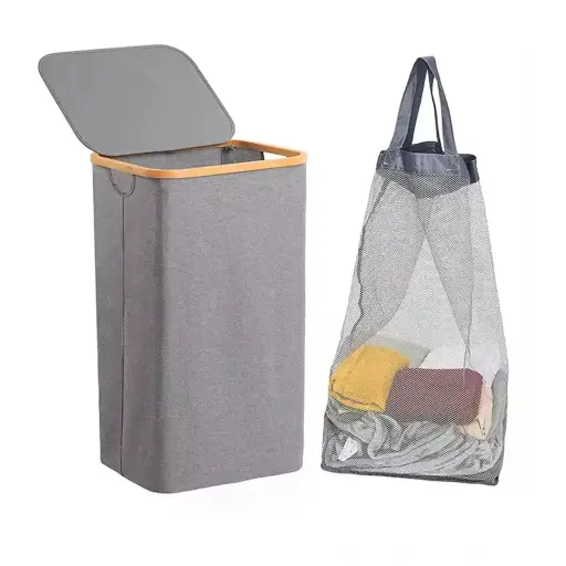 Foldable Laundry Basket with Lid and Bamboo Frame 