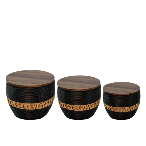 Set of 3 Stools Wooden Table 