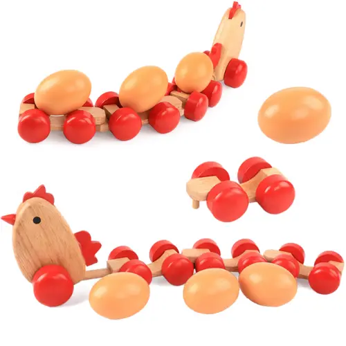 Wooden Pull Along Toy Chicken With 3 Eggs