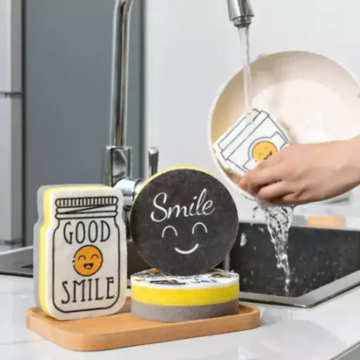 4PCS Cartoon Smiley Face Thick Sponge Kitchen Cleaner